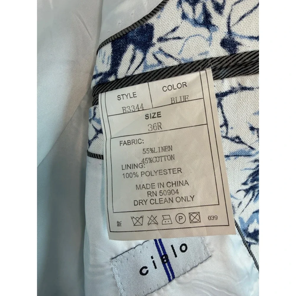 Cielo Mens 36R Blue White Abstract Marble Print Linen Blend Blazer Jacket modern